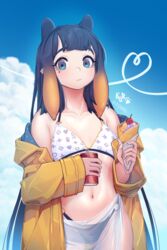  absurdres adapted_costume animal_ears bikini black_hair blue_coat blue_eyes blue_sky blunt_bangs can cloud cloudy_sky coat commentary crepe english_commentary female flat_chest food gradient_hair highres holding holding_can holding_food hololive hololive_english ice_cream_crepe kuroqueta long_hair looking_at_viewer mole mole_under_eye multicolored_hair navel ninomae_ina&#039;nis o-ring o-ring_bikini o-ring_bottom orange_hair outdoors pointy_ears raincoat sarong see-through see-through_sarong sidelocks signature sky solo stomach straight_hair swimsuit tentacle_hair twitter_username two-sided_coat two-sided_fabric very_long_hair violet_(ninomae_ina&#039;nis) virtual_youtuber yellow_coat yellow_raincoat 