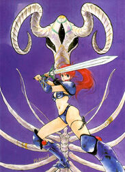  1980s_(style) armor armored_boots asagiri_youko bikini_armor bone boots female fighting_stance genmu_senki_leda high_side_ponytail highres holding holding_sword holding_weapon horns inomata_mutsumi knee_boots looking_at_viewer monster navel non-web_source pauldrons red_hair retro_artstyle shoulder_armor side_ponytail signature solo sword two-handed weapon 