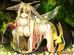  all_fours antennae artist_name blonde_hair breasts burn_scar closed_mouth cocoon female green_eyes hair_between_eyes hatching head_wings insect_wings komota_(kanyou_shoujo) long_hair looking_at_viewer miniskirt monster_girl moth_wings original protected_link scar skirt solo tail very_long_hair wings 