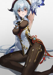  arm_up armpits bell black_legwear blue_hair blush breasts buri_(retty9349) chinese_knot detached_sleeves female flower_knot ganyu_(genshin_impact) genshin_impact gold_trim highres horns long_hair looking_at_viewer medium_breasts neck_bell parted_lips purple_eyes red_rope rope sidelocks sitting solo tassel thighlet thighs vision_(genshin_impact) white_background white_sleeves yokozuwari 