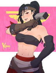  artist_name bandeau bare_shoulders black_hair breasts cleavage earrings elbow_gloves elezen elf female final_fantasy final_fantasy_xiv gloves goggles goggles_on_head hammer hand_on_own_hip highres hilda_ware holding holding_hammer hyur jewelry koyorin large_breasts long_hair midriff navel one_eye_closed open_mouth pointy_ears ponytail red_eyes solo sweat 