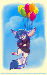  2020 5:8 anthro attached_to_balloon balloon balloon_support blep blue_body blue_fur blue_hair blue_nose bottomless canid canine caracal caracal_(genus) closed_eyes clothed clothing cloud dated eyewear featureless_crotch felid feline female fennec_fox fox front_view full-length_portrait fur glasses grey_clothing grey_topwear hair hanging_from_balloon happy hi_res hybrid inflatable inflatable_support mammal markings mylafox mylafox_(character) outside pawpads pink_pawpads portrait round_glasses signature sky solo striped_body striped_fur striped_markings striped_tail stripes tail tail_markings tongue tongue_out topwear true_fox white_body white_fur 