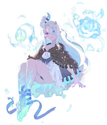  ankle_flower asymmetrical_horns bad_id bad_pixiv_id bandaged_foot bandages black_capelet blue_eyes blue_skin bound_ankles breasts capelet cleavage closed_mouth colored_eyelashes colored_inner_hair colored_skin commentary_request cracked_skin enkyo_yuuichirou female flower full_body hair_between_eyes heterochromia horns long_hair looking_at_viewer medium_breasts mismatched_eyelashes multicolored_hair multicolored_skin original red_eyes rose solo two-tone_skin white_flower white_hair white_rose 