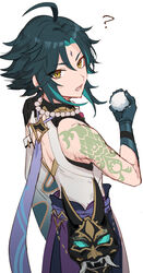  1boy ? ahoge arm_tattoo bad_id bad_twitter_id bead_necklace beads facial_mark forehead_mark genshin_impact gloves green_hair head_tilt highres holding jewelry male_focus mask miz_(mi) multicolored_hair necklace open_mouth simple_background sleeveless solo tattoo white_background xiao_(genshin_impact) yellow_eyes 