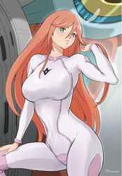  aida_rayhunton bodysuit breasts covered_navel double_vertical_stripe female frown g-self green_eyes gundam gundam_g_no_reconguista hair_down hand_on_own_knee holding holding_own_hair large_breasts looking_at_viewer mecha mitsutsu322 mobile_suit pilot_suit pink_bodysuit pink_hair robot science_fiction solo white_bodysuit 