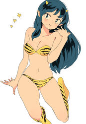  absurdres animal_print bikini blue_eyes breasts closed_mouth female green_hair highres horns long_hair looking_at_viewer lum miyama_(kannsannn) navel pointy_ears simple_background smile solo swimsuit tiger_print urusei_yatsura white_background 