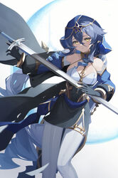  absurdres bare_shoulders black_gloves blue_hair blue_hood breasts commentary detached_sleeves drill_hair dutch_angle eruthika female genshin_impact gloves hair_between_eyes highres holding holding_sword holding_weapon hood hood_up layla_(genshin_impact) long_hair long_sleeves looking_at_viewer medium_breasts pantyhose sidelocks simple_background solo sword symbol-only_commentary thighlet twin_drills very_long_hair weapon white_background white_pantyhose yellow_eyes 