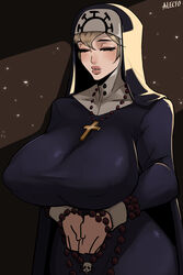  absurdres alecto_0 arms_under_breasts artist_name beads blonde_hair breasts brown_background closed_eyes closed_mouth covered_nipples cross double_(skullgirls) eyebrows eyelashes female highres huge_breasts light light_particles lips nun platinum_blonde_hair prayer_beads skull skullgirls 