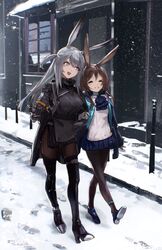  2girls :d ^_^ amiya_(arknights) animal_ears arknights black_gloves black_jacket black_legwear blue_jacket blue_neckwear blue_skirt boots brown_hair closed_eyes commentary_request full_body gloves grey_eyes grey_hair grin had_(had314) high_heel_boots high_heels highres jacket long_hair miniskirt multiple_girls open_mouth outdoors pantyhose rabbit_ears savage_(arknights) shirt skirt smile snow thigh_boots thighhighs walking white_shirt 