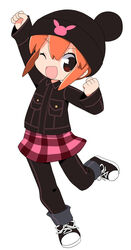  ;d arm_up beanie black_footwear black_hat black_jacket black_pants brown_eyes brown_hair clip_studio_paint_(medium) collared_jacket commentary_request female full_body gotcha_force hair_between_eyes hat highres jacket kurokawa_usagi long_sleeves looking_at_viewer one_eye_closed open_mouth osaragi_mitama pants pants_under_skirt pink_skirt plaid plaid_skirt shoes sidelocks simple_background skirt sleeves_past_wrists smile solo standing standing_on_one_leg white_background 