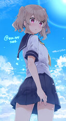  blonde_hair blue_sailor_collar blue_skirt blue_sky cloud cloudy_sky commentary_request day female from_behind hair_ornament hairclip highres ikeuchi_tanuma lens_flare looking_at_viewer looking_back neckerchief original outdoors parted_lips pleated_skirt purple_eyes sailor_collar school_uniform serafuku shirt short_sleeves skirt sky solo standing tino_(ikeuchi_tanuma) twintails twitter_username white_shirt yellow_neckerchief 