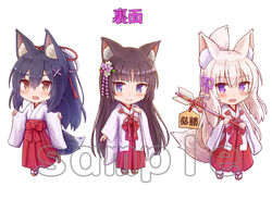  3girls :3 :d animal_ear_fluff animal_ears arrow_(projectile) black_hair blue_eyes blush brown_eyes brown_footwear brown_hair cat_ears chibi closed_mouth commentary_request ema flower folded_ponytail fox_ears fox_girl fox_tail hair_flower hair_ornament hairclip hakama hakama_skirt hamaya holding holding_arrow iroha_(iroha_matsurika) japanese_clothes kimono koyoi_(iroha_(iroha_matsurika)) kunoichi-chan_(iroha_(iroha_matsurika)) long_hair long_sleeves looking_at_viewer matching_outfits miko multiple_girls mutsuki_(iroha_(iroha_matsurika)) oerba_yun_fang open_mouth original pink_flower purple_eyes purple_flower red_hakama sample_watermark sandals simple_background skirt smile socks standing standing_on_one_leg tabi tail translated very_long_hair watermark white_background white_flower white_hair white_kimono white_legwear wide_sleeves x_hair_ornament zouri 