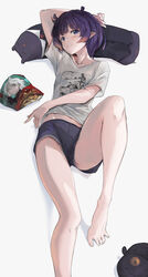  bag barefoot black_shorts blue_eyes casual chips_(food) collarbone female food foot_out_of_frame gawr_gura gundam gundam_suisei_no_majo highres hololive hololive_english knee_up legs looking_at_viewer lying miorine_rembran mori_calliope navel ninomae_ina&#039;nis ninomae_ina&#039;nis_(loungewear) official_alternate_costume official_alternate_hair_length official_alternate_hairstyle on_back pillow pointy_ears purple_hair shirt short_hair short_shorts shorts simple_background smile solo spread_toes t-shirt takodachi_(ninomae_ina&#039;nis) tallgeese_(lgeesel) tentacle_hair toenails toes virtual_youtuber watson_amelia white_background white_shirt 