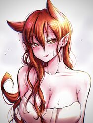  azazel_ameri azulasi blush breasts cleavage collarbone demon_girl female hair_between_eyes hair_horns highres large_breasts long_hair looking_at_viewer mairimashita!_iruma-kun naked_towel orange_eyes orange_hair pointy_ears red_eyes red_hair simple_background smile solo tongue tongue_out towel upper_body very_long_hair wet 