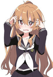  aisaka_taiga arms_up bad_id bad_pixiv_id black_sailor_collar black_serafuku black_shirt black_skirt blush bright_pupils brown_eyes brown_hair collarbone commentary_request duplicate female hair_between_eyes hands_up ixy long_hair long_sleeves looking_at_viewer neckerchief open_mouth pixel-perfect_duplicate pleated_skirt sailor_collar sailor_shirt school_uniform serafuku shirt simple_background skirt solo sweat sweatdrop toradora! undershirt undershirt_peek very_long_hair white_background white_neckerchief white_pupils white_shirt 