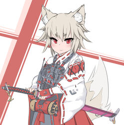  :| absurdres animal_ears artist_name blonde_hair body_armor canister closed_mouth commentary_request earplugs female fingerless_gloves fox_ears fox_girl fox_tail gloves hakama hakama_skirt highres hikimayu holding holding_sword holding_weapon japanese_clothes katana kimono looking_at_viewer miko original pouch radio_antenna red_eyes red_gloves red_hakama ribbon-trimmed_sleeves ribbon_trim sheath sheathed short_eyebrows short_hair simple_background skirt solo striped striped_background sword tactical_clothes tail tsurime tube upper_body weapon white_background white_kimono wide_sleeves wolfkine 