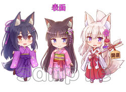  3girls :3 :d animal_ear_fluff animal_ears arrow_(projectile) black_footwear black_hair blue_eyes blush brown_eyes brown_footwear brown_hair cat_ears chibi closed_mouth commentary_request ema floral_print flower folded_ponytail fox_ears fox_girl fox_tail hair_flower hair_ornament hairclip hakama hakama_skirt hamaya holding holding_arrow iroha_(iroha_matsurika) japanese_clothes kimono koyoi_(iroha_(iroha_matsurika)) kunoichi-chan_(iroha_(iroha_matsurika)) long_hair long_sleeves looking_at_viewer miko multiple_girls mutsuki_(iroha_(iroha_matsurika)) obi oerba_yun_fang open_mouth original pinching_sleeves pink_flower pink_kimono print_kimono purple_eyes purple_flower purple_hakama purple_kimono red_hakama sample_watermark sandals sash simple_background skirt sleeves_past_wrists smile socks standing standing_on_one_leg tabi tail translated very_long_hair watermark white_background white_flower white_hair white_kimono white_legwear wide_sleeves x_hair_ornament zouri 