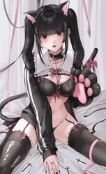  :3 absurdres animal_ears animal_hands bell black_bra black_collar black_hair black_nails black_panties black_ribbon black_sweater black_thighhighs blood blunt_bangs bow bra breasts brown_eyes cat_ears cleavage collar cross cross_hair_ornament drill_hair ear_piercing fake_animal_ears fake_tail female fingernails frilled_panties frilled_thighhighs frills gloves hair_ornament highres hime_cut lace-trimmed_bra lace_trim large_breasts latin_cross long_hair mole nail_art nail_polish navel_piercing oerba_yun_fang open_mouth original panties paw_gloves piercing pink_ribbon red_bow ribbon scar sitting skin_fang sleeves_past_wrists soleil_(unxi) solo string_panties sweater tail tail_ornament tail_ribbon thighhighs torn_clothes torn_thighhighs underwear unxi wariza 