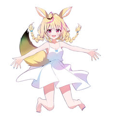  absurdres alternate_costume alternate_hairstyle animal_ear_fluff animal_ears bare_legs bare_shoulders barefoot black_hair blonde_hair blue_nails blush braid breasts cleavage dress epilogue_in_the_attic_(hololive) female fox_ears fox_girl fox_tail full_body heart heart-shaped_pupils highres hololive ichijo_rei looking_at_viewer medium_breasts medium_hair multicolored_hair nail_polish official_art omaru_polka open_mouth outstretched_arms pink_hair sidelocks simple_background sleeveless sleeveless_dress smile solo spaghetti_strap spread_arms streaked_hair sundress symbol-shaped_pupils tachi-e tail toenail_polish toenails twin_braids twintails virtual_youtuber white_background white_dress 