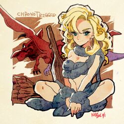  ayla_(chrono_trigger) blonde_hair blue_eyes breasts chrono_trigger cleavage closed_mouth club_(weapon) curly_hair dated female full_body long_hair looking_at_viewer midriff navel protected_link pterosaur serieru_(summertosuika) signature smile weapon 