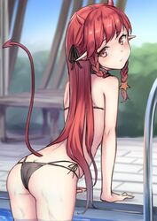  arched_back arknights ass back bare_arms bare_shoulders bikini black_bikini braid day demon_horns demon_tail female from_behind hair_ribbon horns looking_back multi-strapped_bikini official_alternate_costume outdoors pointy_ears pool_ladder poolside red_eyes red_hair ribbon ryuinu sidelocks solo string_bikini swimsuit tail tail_raised twin_braids vigna_(arknights) vigna_(casual_vacation)_(arknights) 