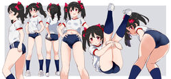  ass black_hair blue_buruma buruma cowboy_shot feet_out_of_frame female full_body gym_shirt gym_uniform hands_on_own_hips highres hugging_own_legs kurokawa_makoto leaning_forward love_live! love_live!_school_idol_project multiple_views red_eyes shirt standing t-shirt twintails white_shirt yazawa_nico 