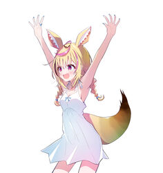  absurdres alternate_costume alternate_hairstyle animal_ear_fluff animal_ears arms_up bare_shoulders black_hair blonde_hair blue_nails blush braid breasts cleavage cowboy_shot dress epilogue_in_the_attic_(hololive) female fox_ears fox_girl fox_tail heart heart-shaped_pupils highres hololive ichijo_rei looking_to_the_side medium_breasts medium_hair multicolored_hair nail_polish official_art omaru_polka outstretched_arms pink_hair purple_eyes sidelocks simple_background sleeveless sleeveless_dress smile solo spaghetti_strap streaked_hair sundress symbol-shaped_pupils tail twin_braids twintails virtual_youtuber white_background white_dress 