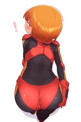  absurdres ass black_bodysuit blush bodysuit bright_pupils female from_above from_behind gundam gundam_zz hair_between_eyes highres leaning_forward looking_at_viewer normal_suit onimaru_(onimal7802) orange_hair pilot_suit purple_eyes puru_two shadow short_hair simple_background skin_tight solo white_background white_pupils 