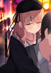  1boy bad_id bad_pixiv_id beret black_hair black_headwear black_jacket black_ribbon blurry blurry_background brown_eyes brown_hair carrying collared_shirt commentary_request depth_of_field dress_shirt eyes_visible_through_hair female grey_jacket hair_ornament hair_over_one_eye hairclip half-closed_eyes hat highres jacket long_hair long_sleeves night open_clothes open_jacket original outdoors parted_lips piggyback ribbon sasahara_wakaba shirt solo_focus white_shirt 