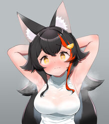  @_@ animal_ear_fluff animal_ears armpits arms_up bad_id bad_pixiv_id black_hair bra bra_visible_through_clothes breasts cleavage closed_mouth commentary_request embarrassed female flipped_hair hair_ornament hairclip highres hololive impossible_clothes impossible_shirt kani_bonara large_breasts long_hair looking_at_viewer multicolored_hair official_alternate_costume ookami_mio ookami_mio_(street) red_hair see-through see-through_cleavage shirt sidelocks sleeveless sleeveless_shirt solo spiked_hair steaming_body streaked_hair sweat sweaty_clothes underwear upper_body very_long_hair virtual_youtuber wavy_mouth white_bra white_shirt wolf_ears yellow_eyes 