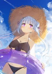  bikini black_bikini blue_hair blue_sky blush breasts cloud cowboy_shot day double_bun drill_hair female frilled_bikini frills from_below hair_bun hair_ribbon halterneck hat innertube kamizaki_hibana long_hair maid_girl_(kamizaki_hibana) medium_breasts navel original purple_eyes purple_innertube purple_ribbon ribbon side-tie_bikini_bottom sky smile solo straw_hat string_bikini sun_hat swim_ring swimsuit twin_drills underboob white_hair 