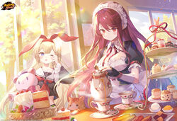  2girls animal_ears apron blonde_hair blue_eyes blush breasts cake commentary company_name cookie copyright_notice cropped_shirt cup cupcake detached_collar english_commentary fake_animal_ears feline fingerless_gloves food frills fruit gloves hair_between_eyes highres holding holding_stuffed_toy ibara_riato indoors kujou_riu light_particles long_hair macaron mahjong_soul maid maid_apron maid_headdress medium_breasts mikami_chiori multiple_girls neck_ribbon neckerchief official_art one_eye_closed open_mouth plate pouring puffy_short_sleeves puffy_sleeves red_eyes red_hair red_neckerchief red_ribbon ribbon rubbing_eyes sailor_collar school_uniform serafuku short_sleeves smile strawberry stuffed_animal stuffed_toy tea teacup teapot teddy_bear underbust very_long_hair wing_collar 