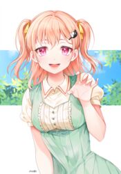  :d bad_id bad_pixiv_id bang_dream! blue_sky blush breasts cat_hair_ornament claw_pose cloud collared_shirt commentary cowboy_shot day dress eyebrows_hidden_by_hair female green_dress hair_between_eyes hair_intakes hair_ornament hair_ribbon hand_up hiromachi_nanami leaf long_hair looking_at_viewer lower_teeth_only medium_breasts minori_(faddy) open_mouth orange_hair pink_eyes ribbon shirt short_sleeves sidelocks signature sky smile solo standing symbol-only_commentary teeth two_side_up white_background yellow_ribbon yellow_shirt 