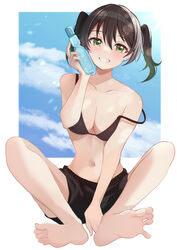  absurdres barefoot bikini black_bikini black_shorts blue_sky blurry blurry_background blush breasts cloud cloudy_sky collarbone eyelashes feet female foot_focus green_eyes hair_between_eyes highres holding knees_up legs love_live! love_live!_nijigasaki_high_school_idol_club medium_breasts navel on_ground pukonuu ramune shadow shorts signature sitting sky smile soles solo spread_toes stomach strap_slip swimsuit takasaki_yu teeth thighs toenails toes twintails 