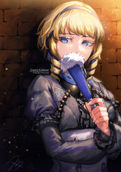  blonde_hair blue_eyes colored_inner_hair constance_von_nuvelle covering_face drill_hair female fire_emblem fire_emblem:_three_houses frills garreg_mach_monastery_uniform hairband hand_fan holding holding_fan jewelry looking_to_the_side multicolored_hair purple_hair solo taki_(tkai40) two-tone_hair 