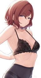  :o black_bra black_pantyhose bra breasts brown_hair cleavage collarbone cowboy_shot dressing duplicate female hair_ornament hairclip high-waist_pantyhose highres higuchi_madoka idolmaster idolmaster_shiny_colors kijibato_123-gou looking_at_viewer medium_breasts panties panties_under_pantyhose pantyhose parted_lips pixel-perfect_duplicate purple_eyes sidelocks simple_background solo stomach sweat swept_bangs tying_bra underwear white_background 