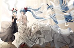  2girls absurdly_long_hair angel_wings back bad_id bad_pixiv_id bare_shoulders black_dress blue_eyes blue_hair breasts closed_eyes commentary dress dual_persona eyebrows_hidden_by_hair floor green_hair hair_between_eyes hair_ribbon halo hatsune_miku high_heels highres long_hair looking_at_viewer looking_back mirror multiple_girls nicky_w ponytail reflection ribbon sleeveless sleeveless_dress smile standing very_long_hair vocaloid white_dress white_wings wings 