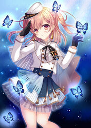  bang_dream! black_ribbon blue_background blue_butterfly blue_skirt blush breasts bug butterfly buttons commentary cowboy_shot earrings eyebrows_hidden_by_hair female gloves hair_between_eyes half_gloves hands_up hat highres hiromachi_nanami hiryuu_kanon jacket jewelry long_hair long_sleeves looking_at_viewer mini_hat neck_ribbon orange_eyes orange_hair parted_lips ribbon salute see-through sidelocks skirt solo standing tilted_headwear two_side_up white_hat white_jacket 