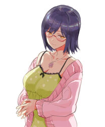  black_bow blush bow bow_camisole breasts camisole cardigan closed_mouth collarbone commentary_request cosplay female frilled_camisole frills glasses highres interlocked_fingers jewelry kiyama_satoshi morinaka_kazaki morinaka_kazaki_(cosplay) necklace nijisanji orange_eyes photoshop_(medium) pink_cardigan pink_sweater polka_dot polka_dot_camisole purple_hair red-framed_eyewear shizuka_rin short_sleeves simple_background solo sweater swept_bangs upper_body virtual_youtuber white_background 