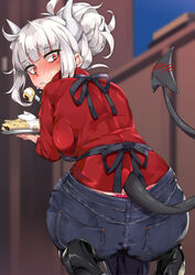  apron ass black_apron black_tail blue_pants blush breasts closed_mouth commentary_request crepe demon_girl demon_horns demon_tail denim downpants eating female food fork helltaker horns jeans large_breasts long_hair long_sleeves looking_at_viewer looking_back lucifer_(helltaker) mole mole_under_eye naha78 painttool_sai_(medium) panties pants panty_peek plate ponytail red_eyes red_shirt shirt solo squatting tail underwear white_hair white_horns 