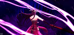  back bare_shoulders beidou_(genshin_impact) blackcliff_slasher_(genshin_impact) brown_hair dress female from_behind genshin_impact hair_ornament hair_stick hairpin highres holding holding_sword holding_weapon lightning long_hair red_dress rizzu standing sword thighhighs weapon 