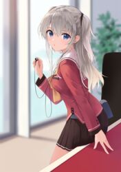  absurdres blue_eyes brown_skirt charlotte_(anime) commentary_request earphones female grey_hair highres hoshinoumi_academy_school_uniform indoors long_sleeves looking_at_viewer parted_lips pleated_skirt red_shirt sailor_collar school_uniform serafuku shirt single_earphone_removed sitting skirt solo tomori_nao two_side_up white_sailor_collar yanagi_marie 