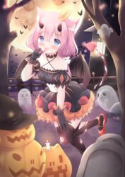  :d animal_ear_fluff animal_ears bare_shoulders bare_tree black_gloves black_hat black_skirt black_thighhighs black_wings blue_eyes blush candle candy cat_ears collarbone commentary criss-cross_halter crown demon_girl demon_horns demon_tail demon_wings detached_sleeves english_commentary female fence fire food frilled_skirt frills full_moon garter_straps ghost gloves hair_between_eyes hair_ornament hairclip halloween halterneck hat holding holding_candy holding_food holding_lollipop horns indie_virtual_youtuber jack-o&#039;-lantern jack-o&#039;-lantern_hair_ornament lollipop looking_at_viewer mini_crown mixed-language_commentary moon navel night orange_skirt outdoors pink_hair puffy_short_sleeves puffy_sleeves red_footwear renew_vivi sakurada_hane shoes short_sleeves skirt smile solo standing standing_on_one_leg tail teeth thighhighs tilted_headwear tombstone torn_clothes torn_thighhighs tree upper_teeth_only virtual_youtuber wings witch_hat 