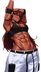  abs absurdres ahoge armpits black_sports_bra borrowed_character breasts brown_hair choker closed_eyes commission cross cross_necklace dark-skinned_female dark_skin female highres jewelry long_hair medium_breasts muscular muscular_female navel necklace original pants scar shana_lastname_(austonish1) simple_background solo sotcho sports_bra stretching white_background 