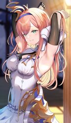  absurdres arm_up armor armpits blonde_hair breasts commentary_request dress elbow_gloves enyo_(granblue_fantasy) female gloves granblue_fantasy green_eyes hairband head_tilt highres jewelry medium_breasts presenting_armpit shoulder_armor sleeveless sleeveless_dress smile solo upper_body vambraces white_dress yamato_(muchuu_paradigm) 