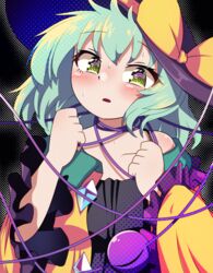  @_@ bare_shoulders black_background black_hat blush bow commentary_request female green_eyes green_hair hat hat_bow komeiji_koishi long_sleeves looking_at_viewer open_mouth polyhedron2 short_hair solo sweat touhou upper_body yellow_bow 