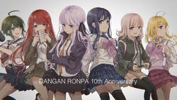  6+girls :d ahoge akamatsu_kaede anniversary arms_behind_back backpack bag black_gloves black_ribbon black_thighhighs blonde_hair blue_eyes braid breasts brown_eyes brown_jacket brown_skirt collared_shirt commentary covering_own_mouth crossed_arms danganronpa/zero danganronpa:_trigger_happy_havoc danganronpa_(series) danganronpa_2:_goodbye_despair danganronpa_v3:_killing_harmony dress_shirt eighth_note galaga gloves green_eyes green_jacket grey_background hair_ornament hair_ribbon hairclip handheld_game_console hands_up highres holding holding_handheld_game_console holding_megaphone holding_microphone jacket kirigiri_kyoko kuro_n314 light_brown_hair long_hair long_sleeves looking_at_viewer maizono_sayaka medium_breasts medium_hair megaphone microphone multiple_girls musical_note musical_note_hair_ornament naegi_komaru nanami_chiaki neck_ribbon necktie open_clothes open_jacket open_mouth otonashi_ryouko pink_eyes pink_ribbon pink_vest plaid plaid_skirt pleated_skirt purple_eyes purple_skirt red_eyes red_hair ribbon sailor_collar school_uniform serafuku shirt short_hair side_braid single_braid skirt smile spaceship_hair_ornament sweater_vest thighhighs translation_request two-tone_shirt vest white_shirt zettai_ryouiki 