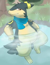  absurd_res digitigrade generation_2_pokemon hi_res hot_spring male nintendo outside pokemon pokemon_(species) scarf screamoshaymin synge typhlosion water 