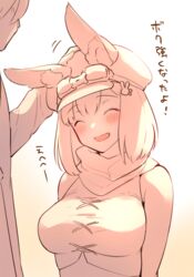  1boy :d ^_^ animal_ears bare_arms blush breasts calm_mashiro closed_eyes cosplay female goggles goggles_on_headwear hat headpat hound_(sekaiju) hound_2_(sekaiju) medium_breasts open_mouth rabbit_ears ranger_(sekaiju) ranger_(sekaiju)_(cosplay) ranger_2_(sekaiju) sekaiju_no_meikyuu sekaiju_no_meikyuu_5 shirt smile spot_color straight taut_clothes taut_shirt translated 