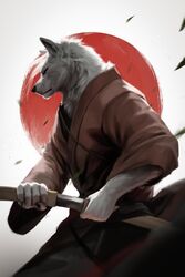  5_fingers absurd_res anthro asian_clothing black_nose brown_scabbard canid canine canis clothing digital_media_(artwork) east_asian_clothing facial_scar fingers fur hair hi_res japan japanese_clothing japanese_flag japanese_sword kadrion kimono male mammal melee_weapon mouth_closed neck_tuft obi portrait red_sun samurai scabbard scar shirasaya solo sword tan_scabbard three-quarter_portrait tuft warrior weapon white_body white_fur white_hair wolf 